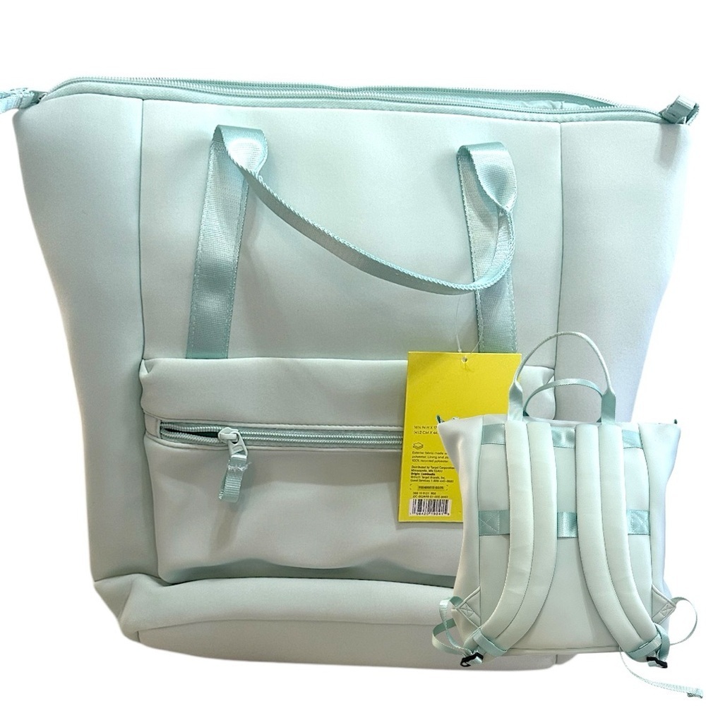 New Large Tote Backpack Travel Bag Faux Neoprene Elegant Mint All in Motion